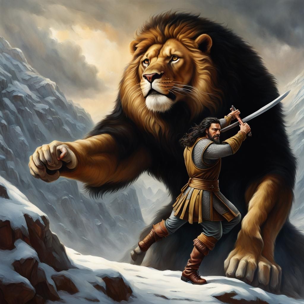 Hyperrealistic Warrior Slaying Lion in Snowy Pit