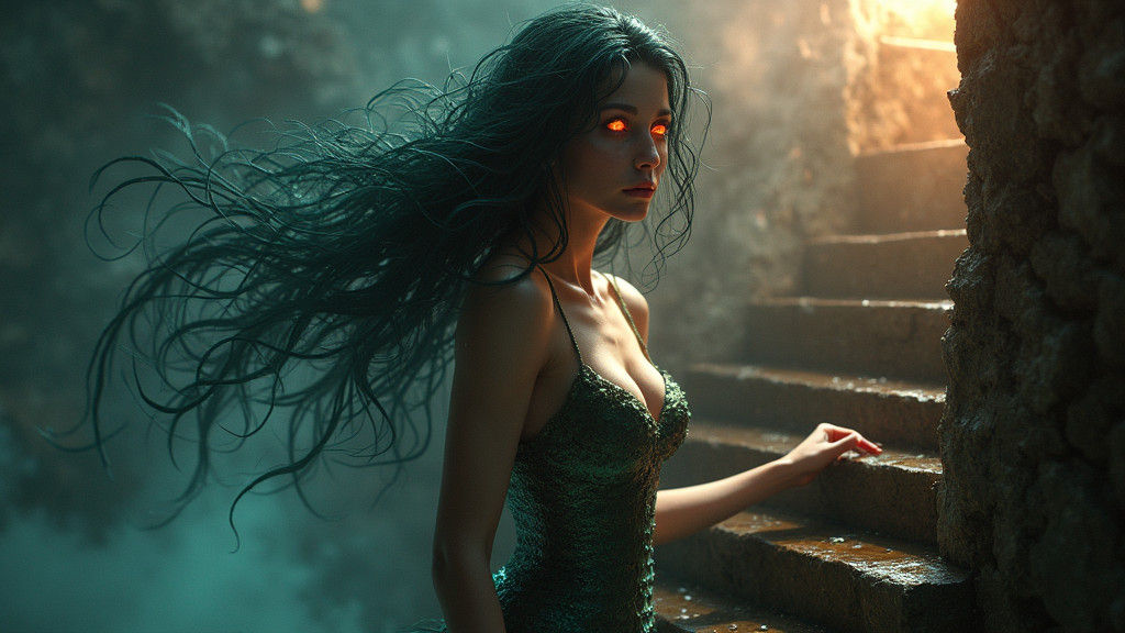 Siren Mermaid Climbing Stairs: Hyperdetailed Portrait