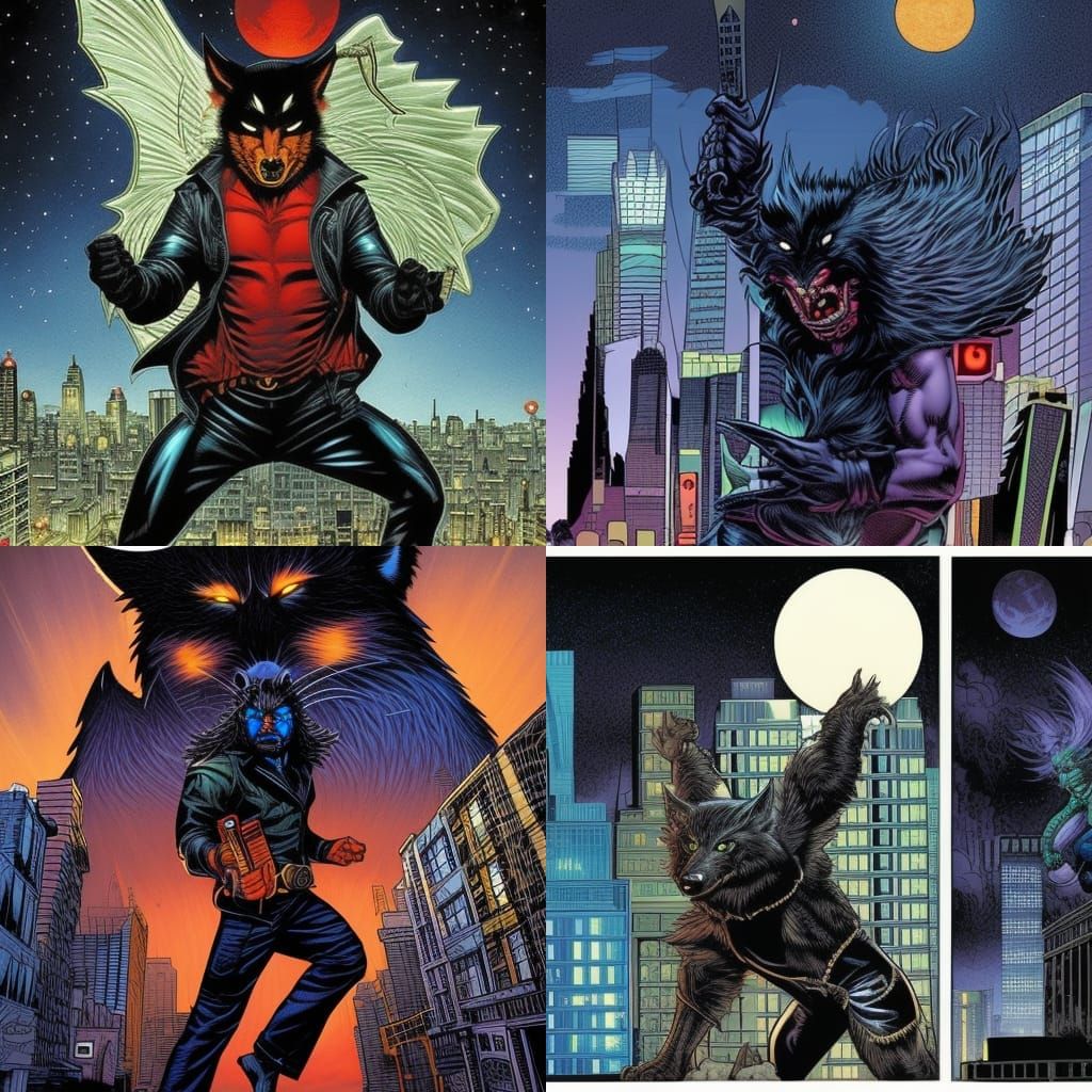 Night Wolf Superhero Patrols City Streets: Comic Book Art