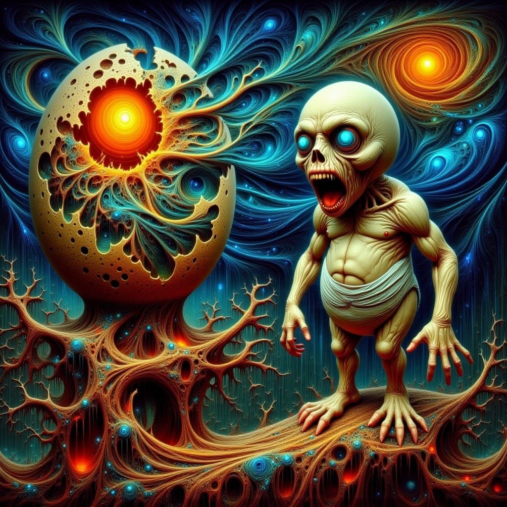 Emotive Moon Screaming in Fractal Landscape