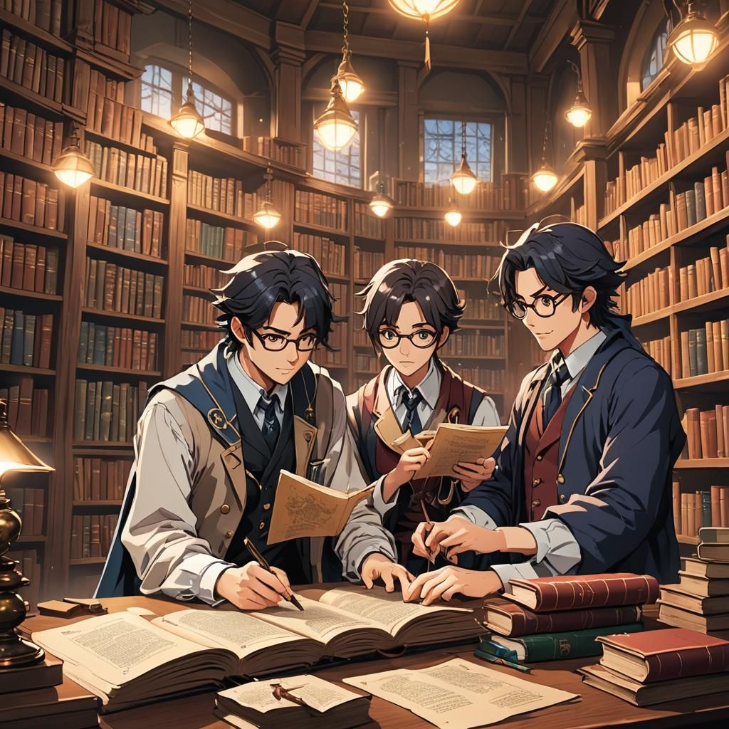 Magic School Nerds Studying Scrolls in Anime Style