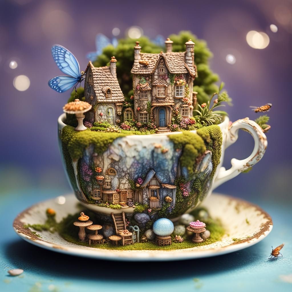 Miniature Fairy World Inside Teacup, Cel-Shaded