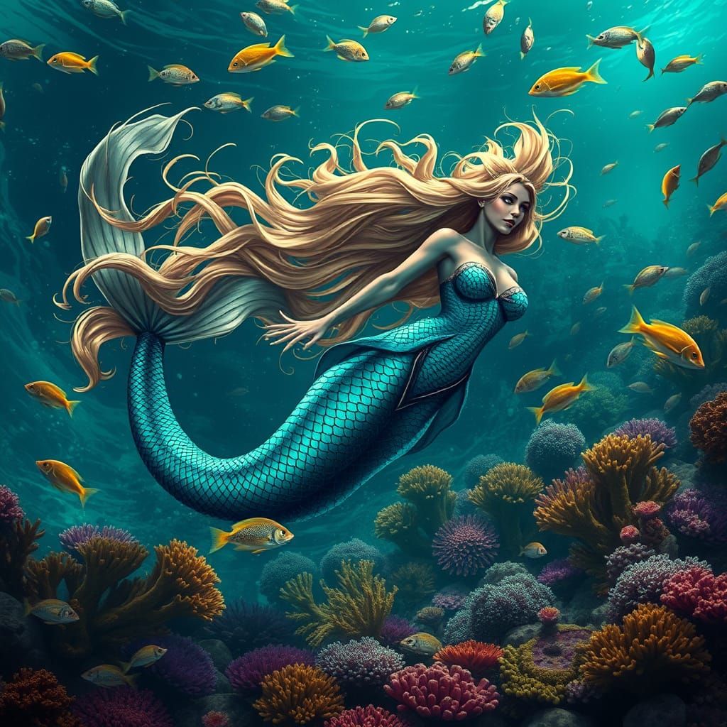 Dark Fantasy Mermaid in Vibrant Reef Scene
