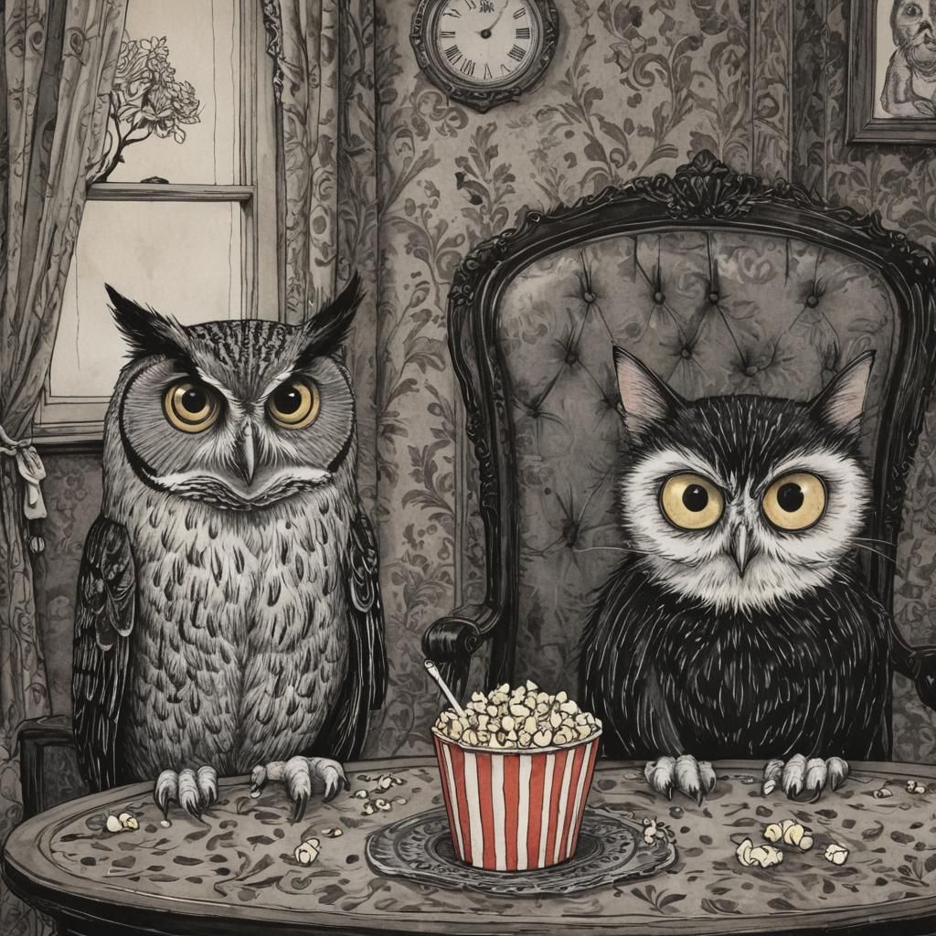 Gothic Owl and Cat in Victorian Parlor