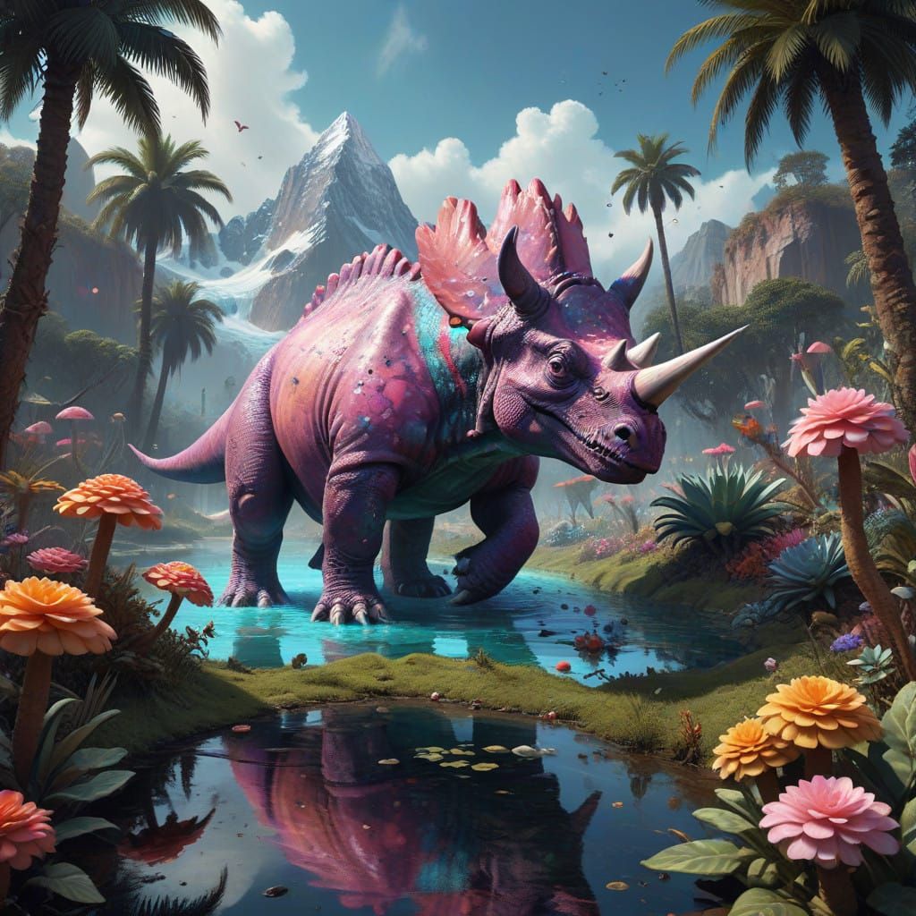Sugary-Hued Dinosaurs in Whimsical Prehistoric Jungle