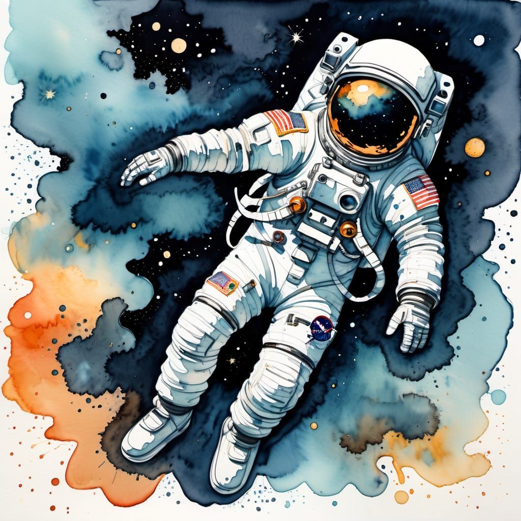 Lone Astronaut in Space, Ink and Watercolour Art