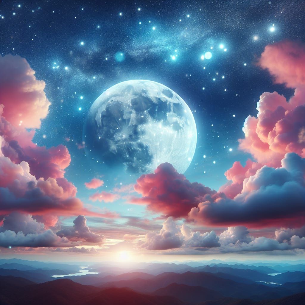 Twinkling Stars and Giant Moon Amongst Clouds