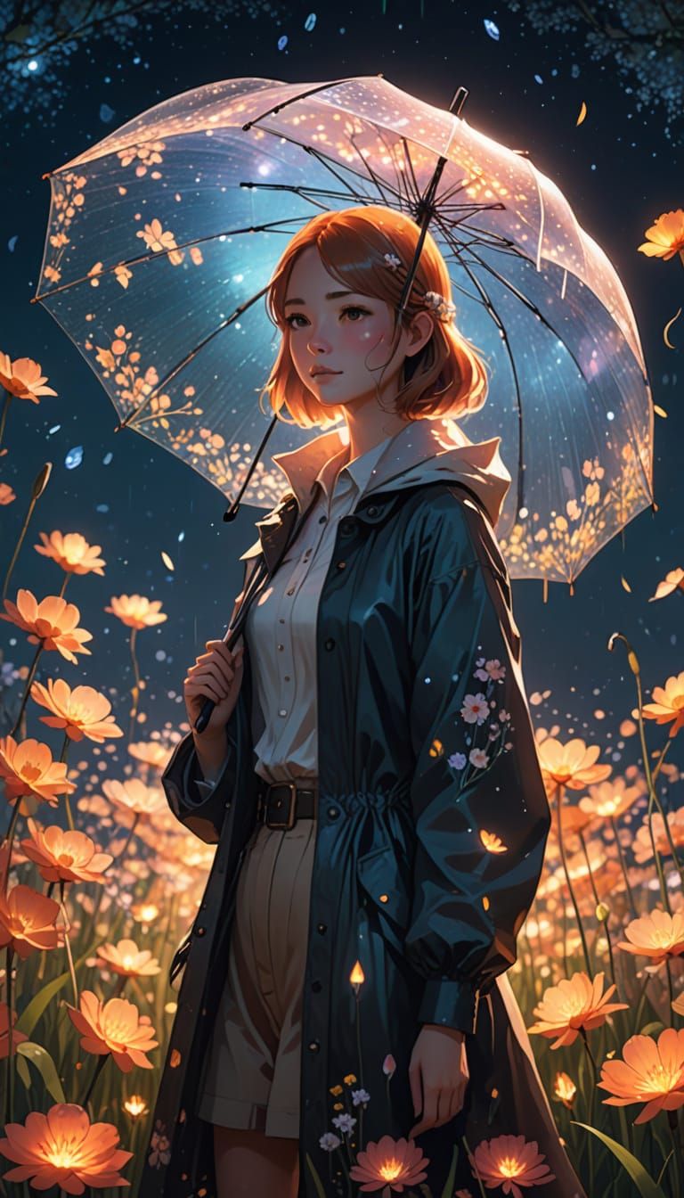 Anime Girl with Fox in Glowing Flower Field