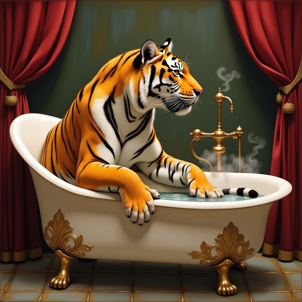 Surreal Tiger in Antique Porcelain Bath, Surrounded by Luxur...
