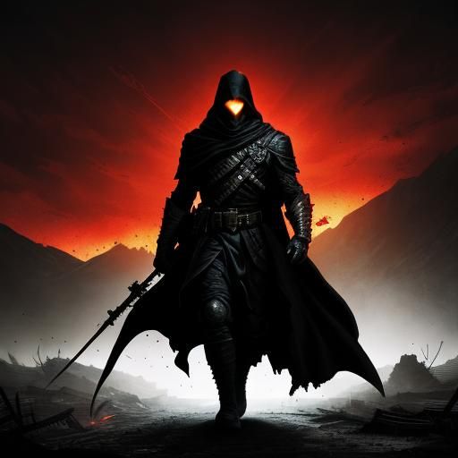 Mysterious Figure in War-Torn Landscape, Dark Fantasy Comic