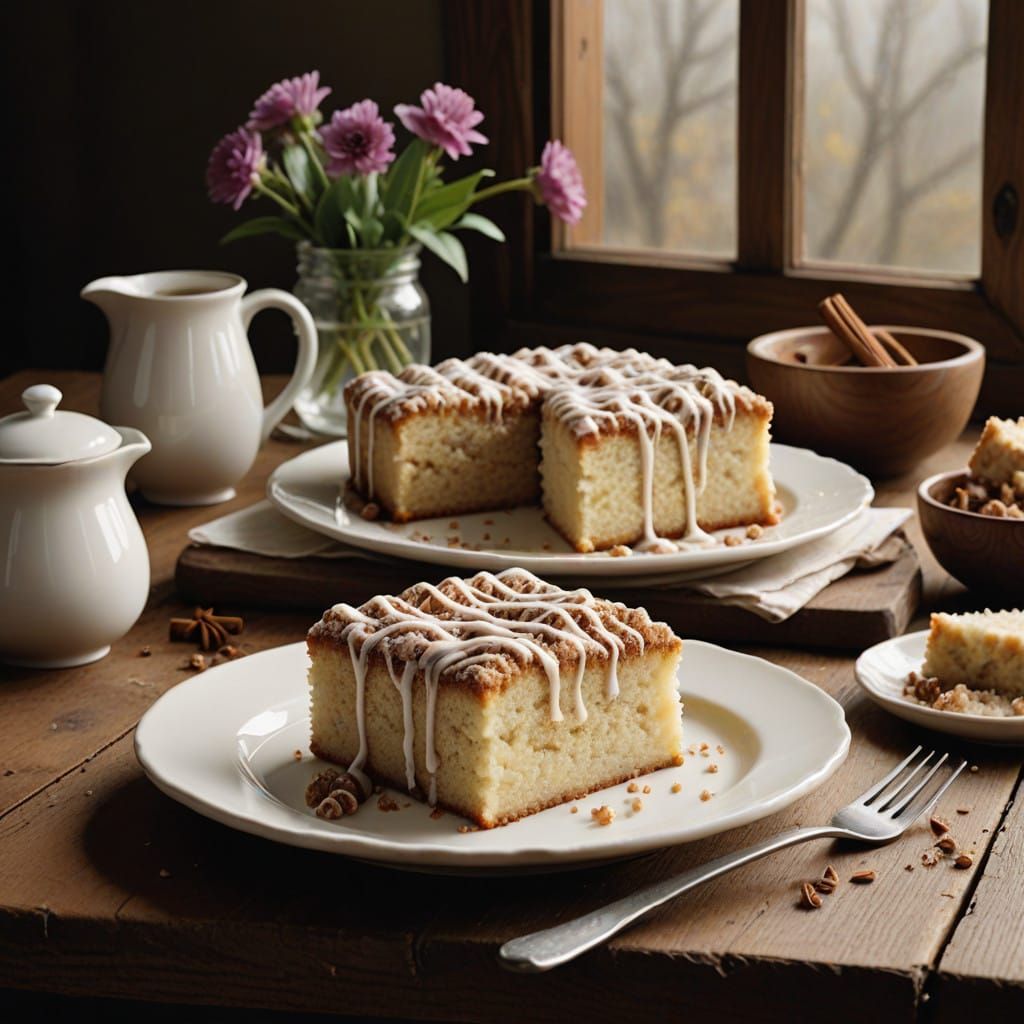 Moist Vanilla Crumb Cake with Cinnamon Sugar and Velvety Gla...