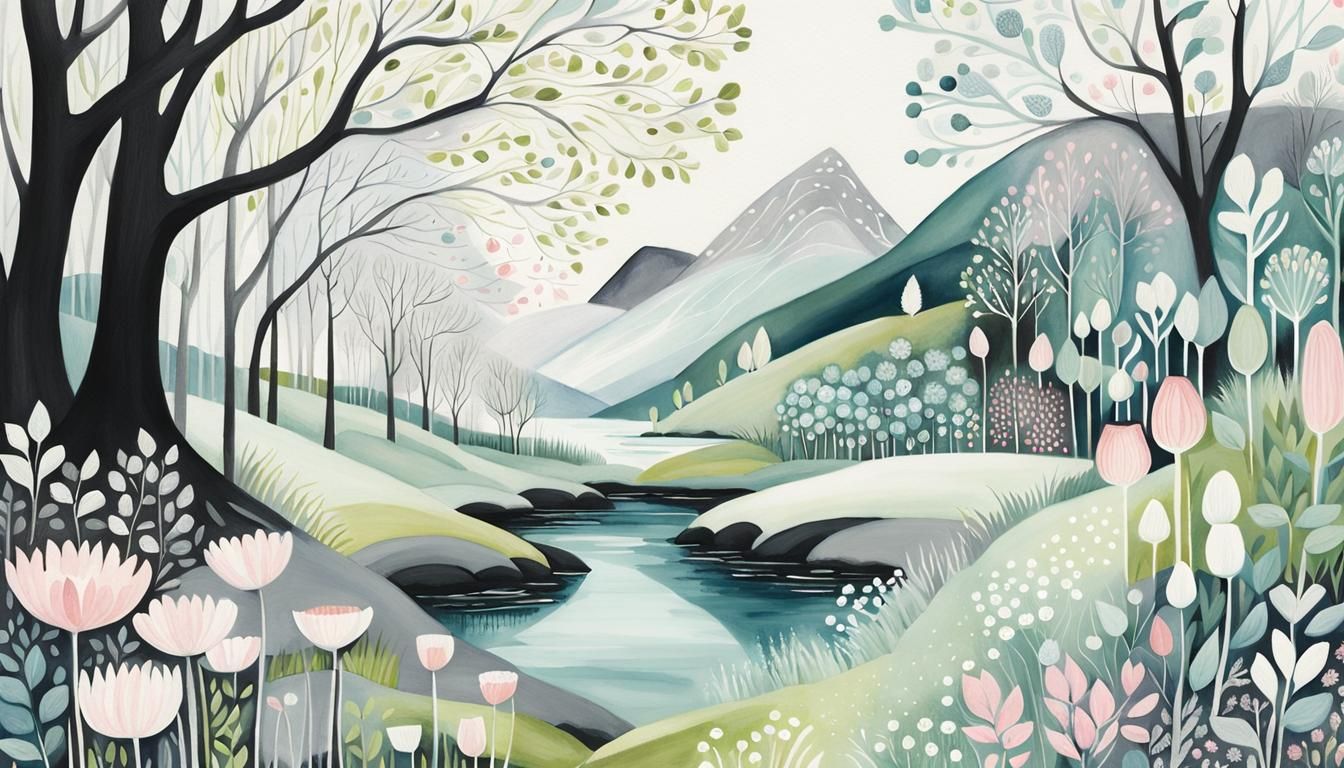 Scandinavian Spring Landscape in Soft Pastel Colors