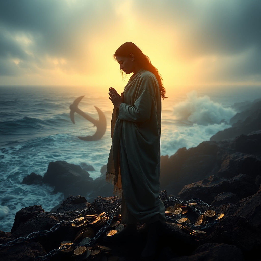 Serene Figure Imparts Wisdom on Windswept Coastline