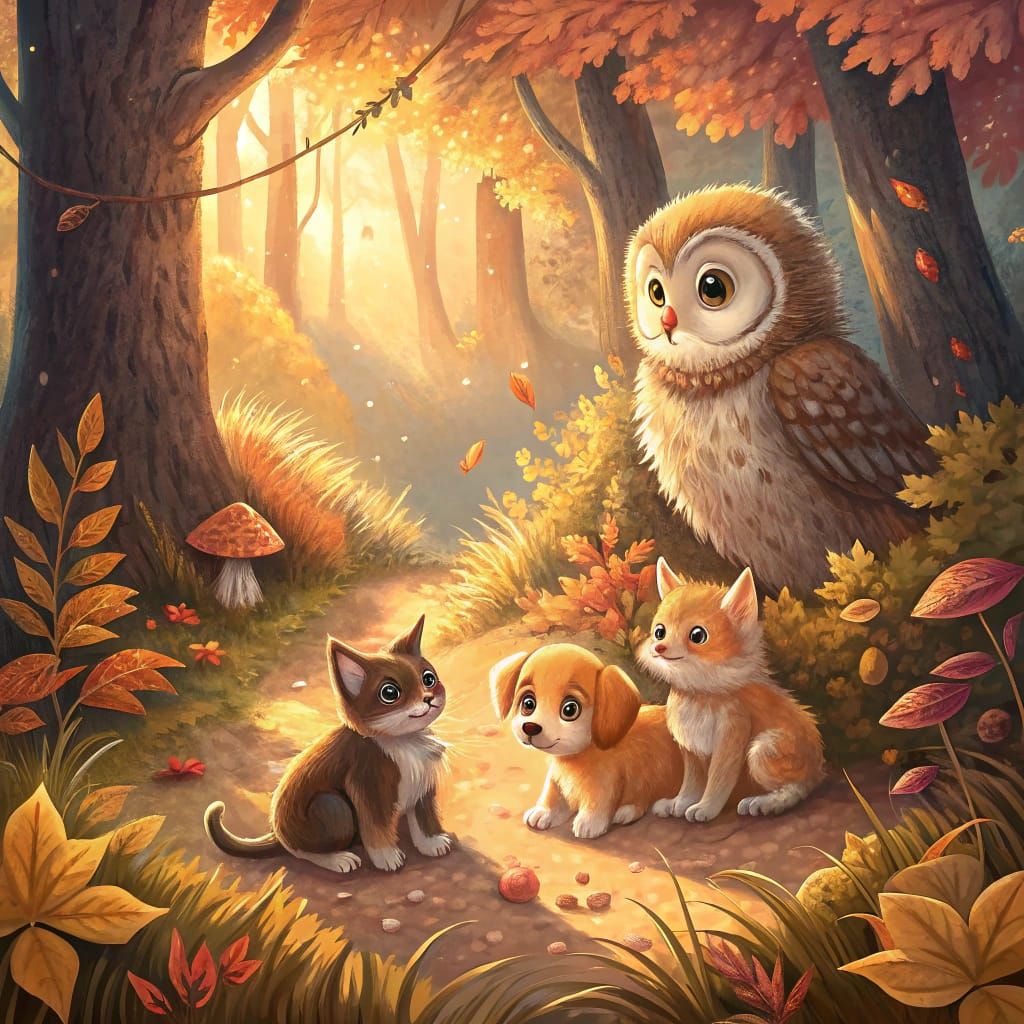 Fantastical Woodland Scene with Owls, Kittens, and Puppies
