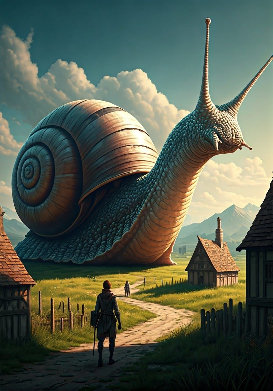 Giant Snail Guardian Overlooks Plains Village