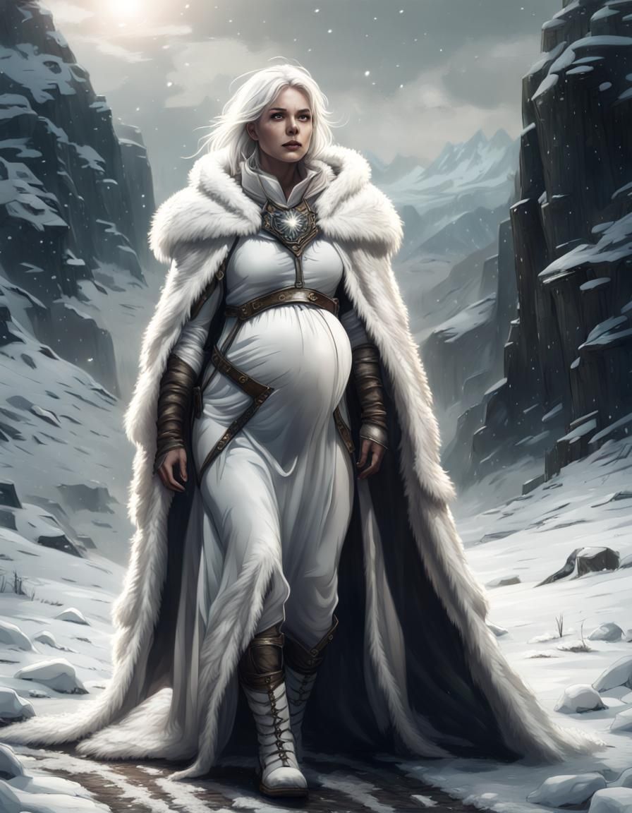 Pregnant Ranger on Snowy Road: Digital Matte Painting