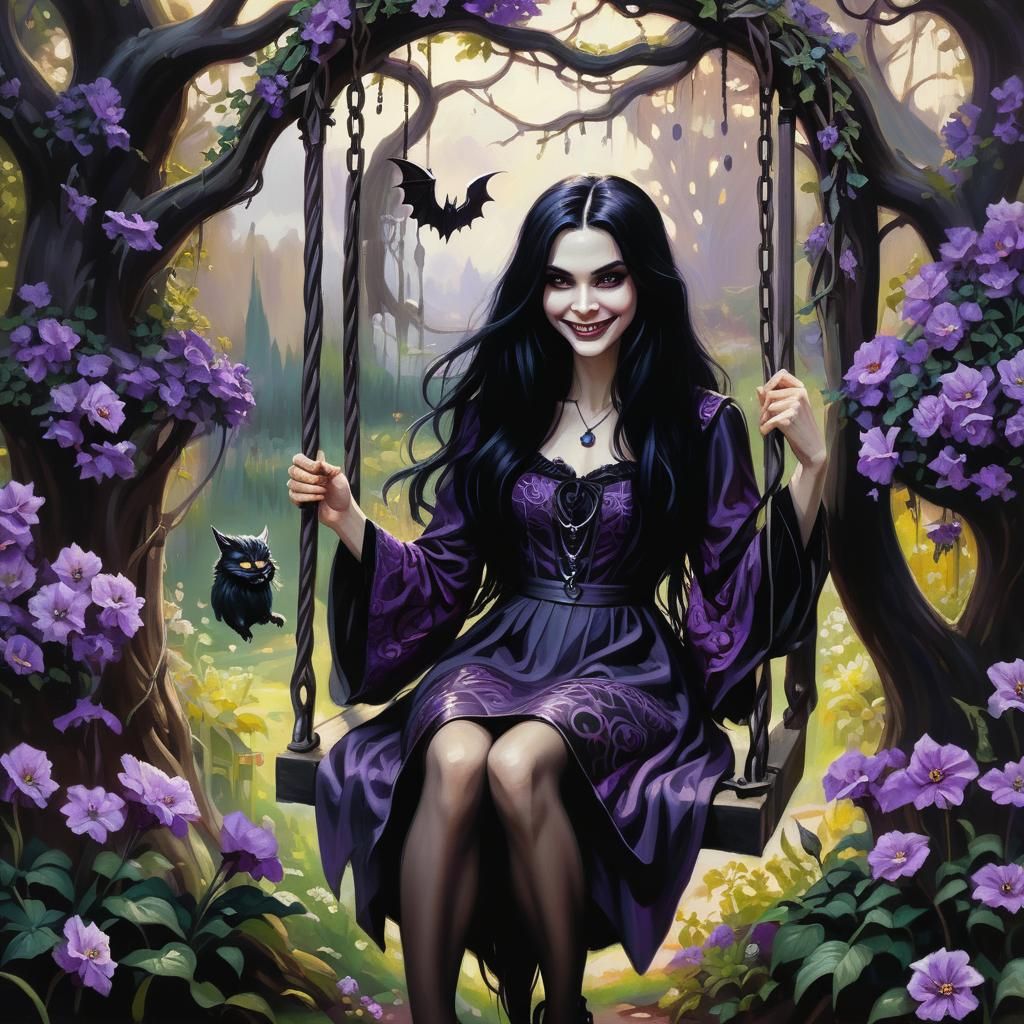 Evil Witch on a Swing: Dark Fantasy Oil Painting