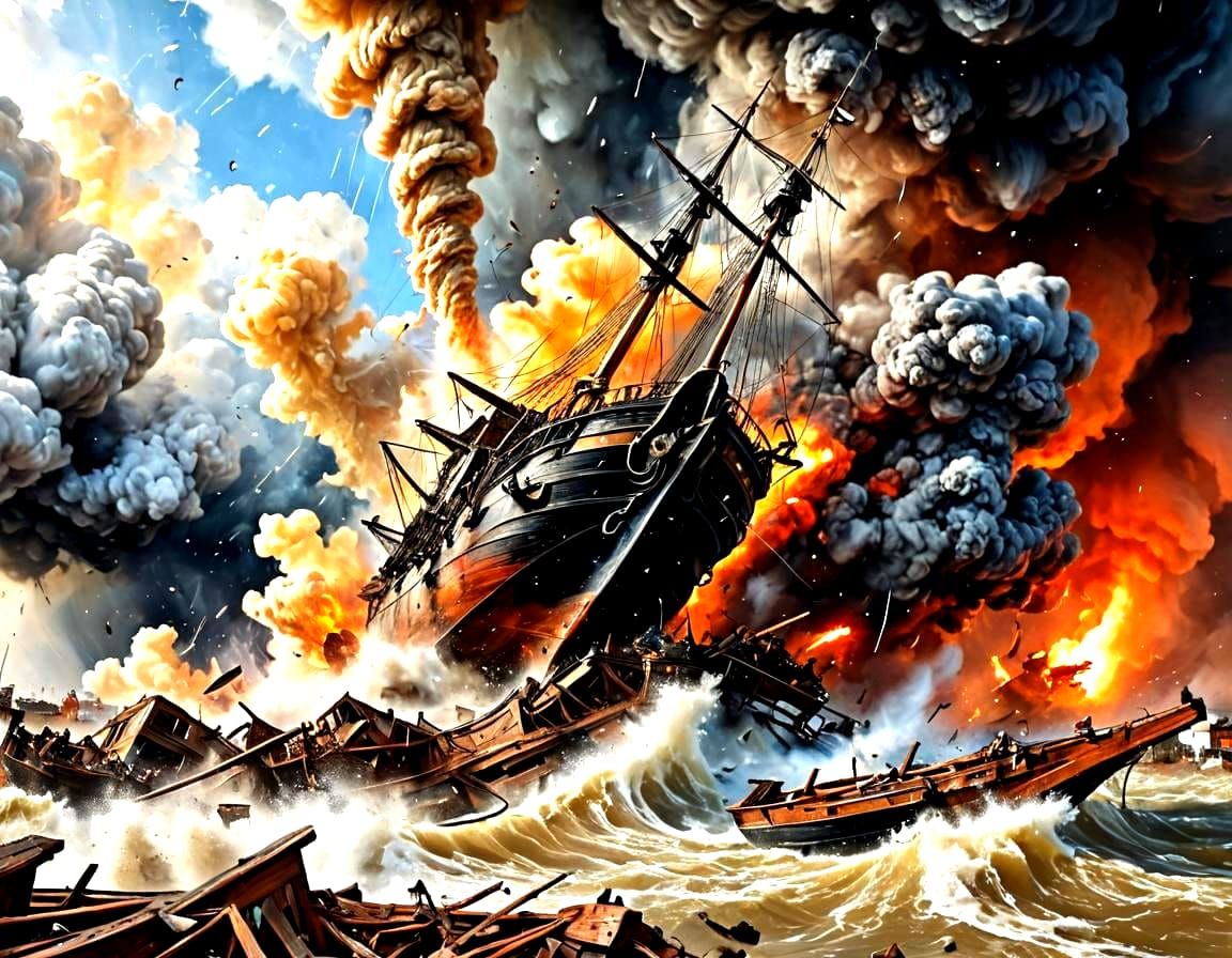 A violent tornado destroys and sucks up a galleon and its en...