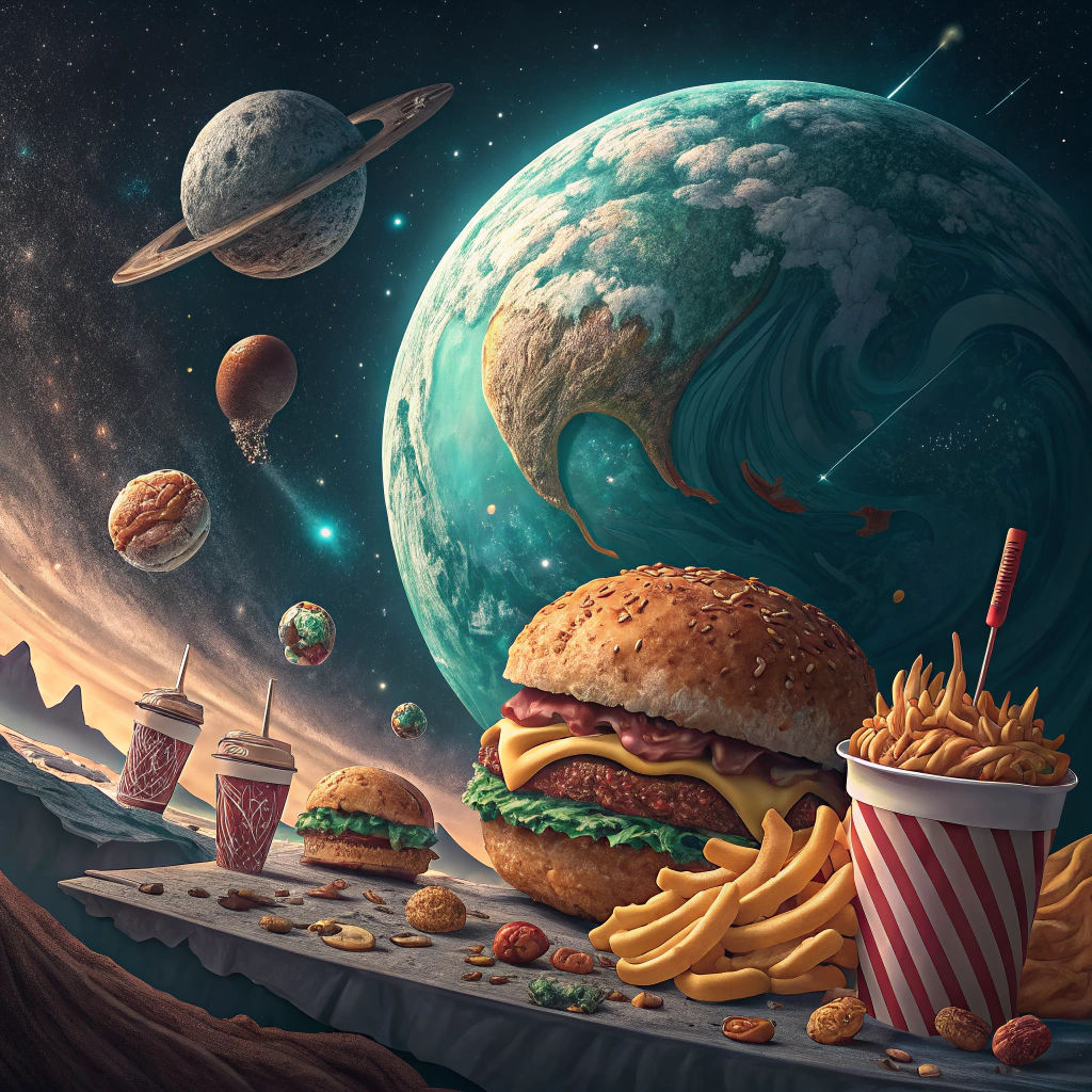 Earth Surrounded by Giant Food in Surreal Orbit