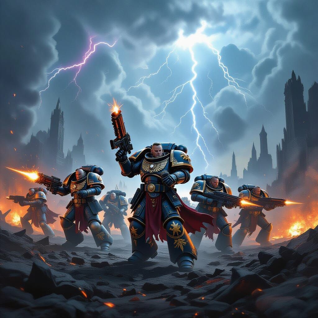 Warhammer 40K Space Marines Advance on War-Torn Planet