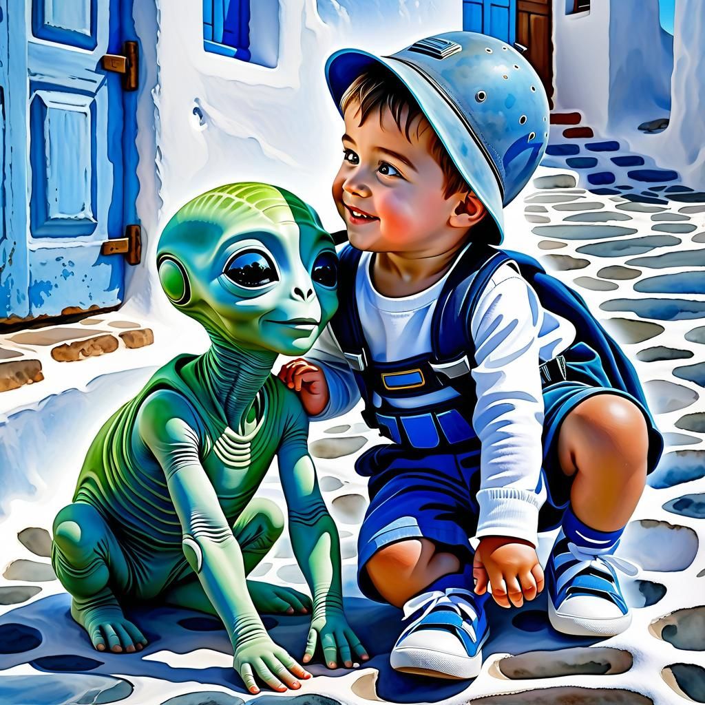 Child and Alien Embrace on Santorini: Watercolor Painting