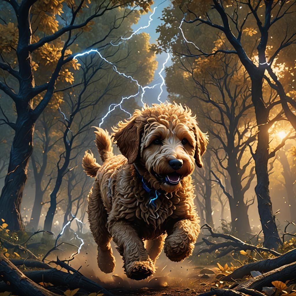 Golden Doodle Runs in Lightning Storm: 3D Game Graphics