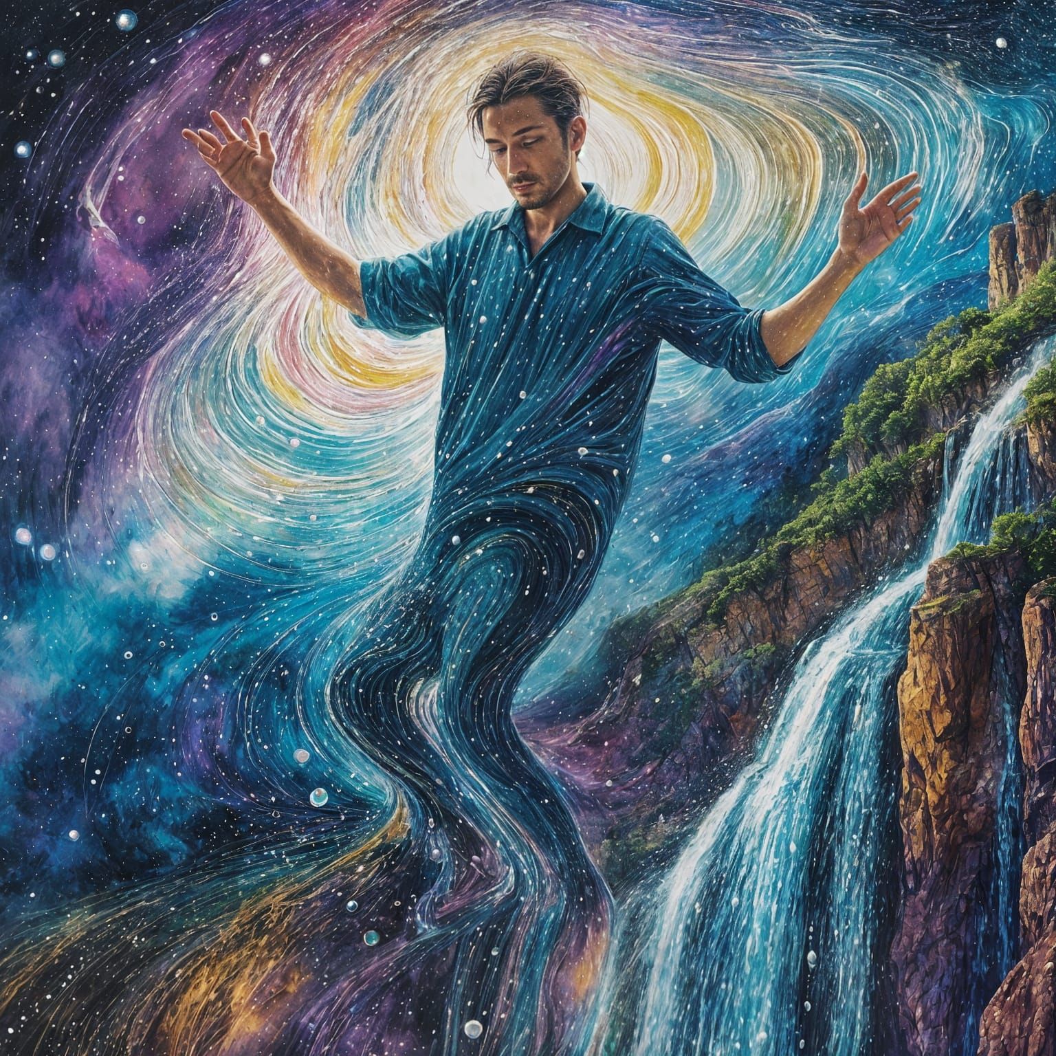 Person-Shaped Waterfall in Surrealist Watercolor Universe