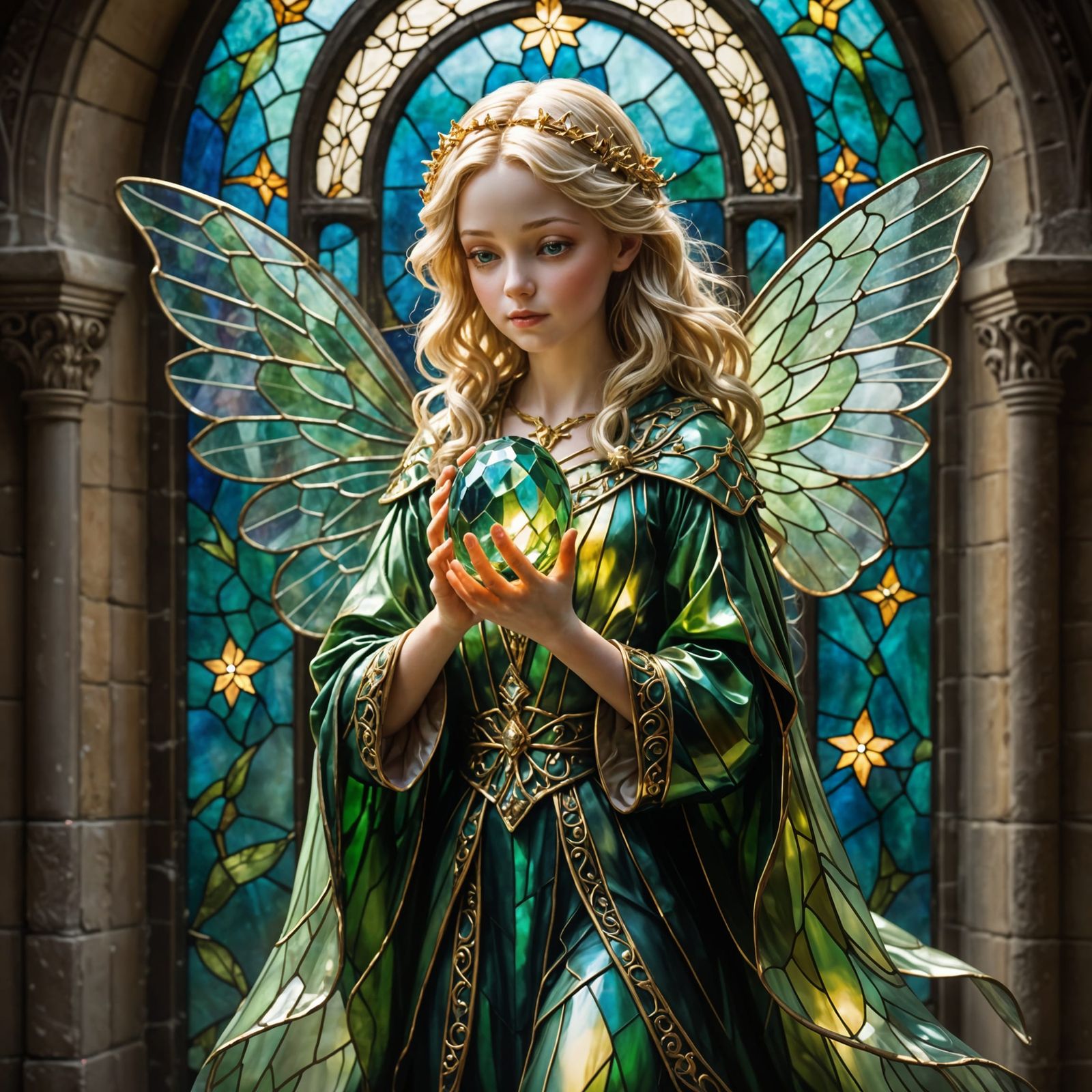 Fairy in Exquisite Green Robe Holds Glowing Crystal Egg