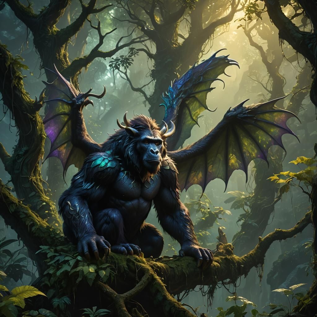 Hybrid Gorilla Moose Dragon in Rainforest Ruins