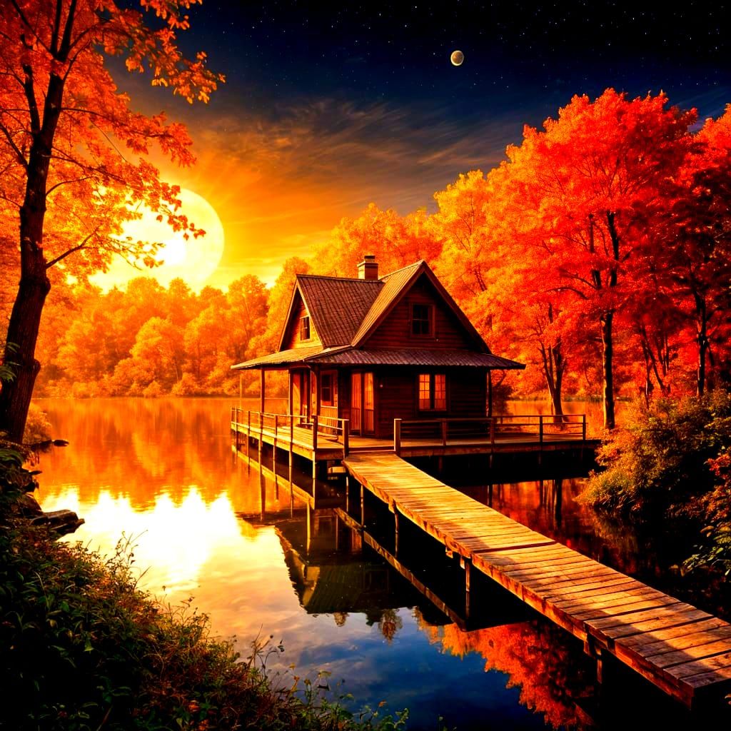 Serene Autumn Night Landscape with Glowing Moon and Silhouet...