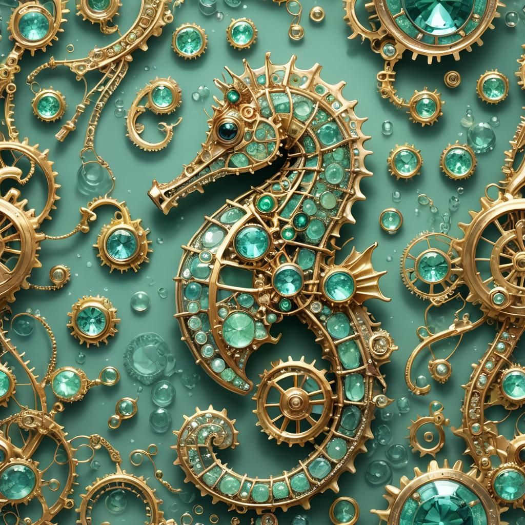 Sparkling Seahorse Portrait with Gold Filigree