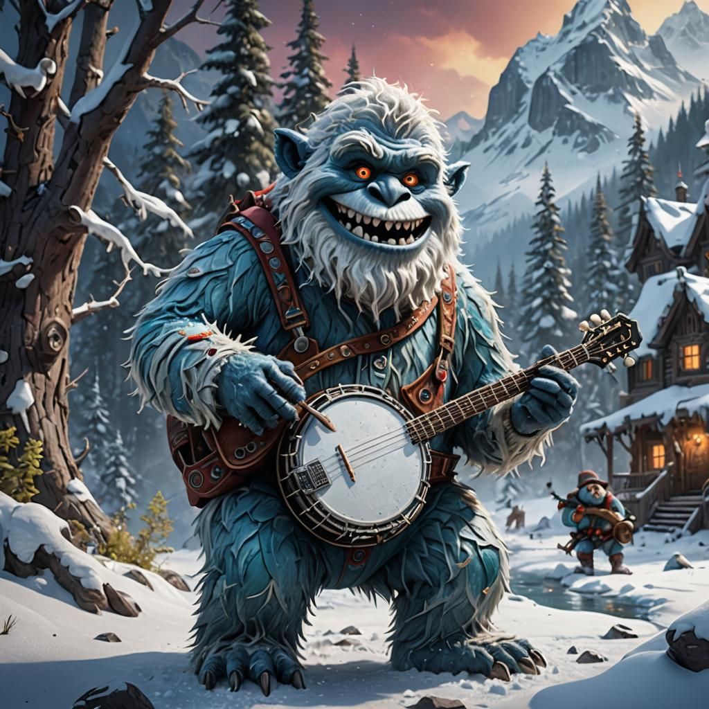Abominable Snowman Plays Banjo: Detailed Fantasy Art