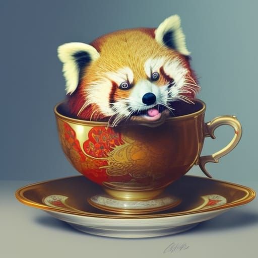 Red Panda Portrait in Tea Cup, Digital Art