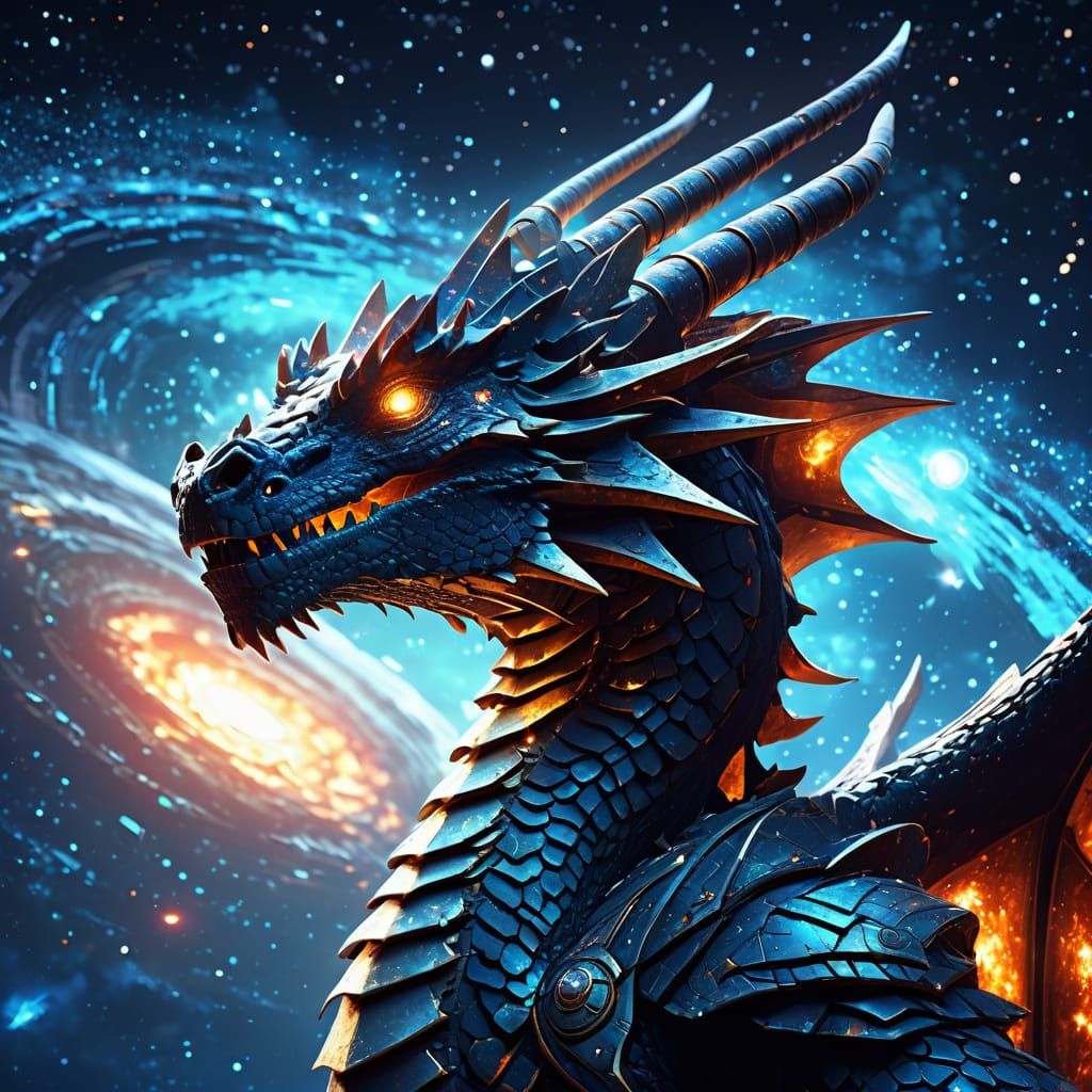 Clockwork Dragon Soaring Through a Swirling Nebula