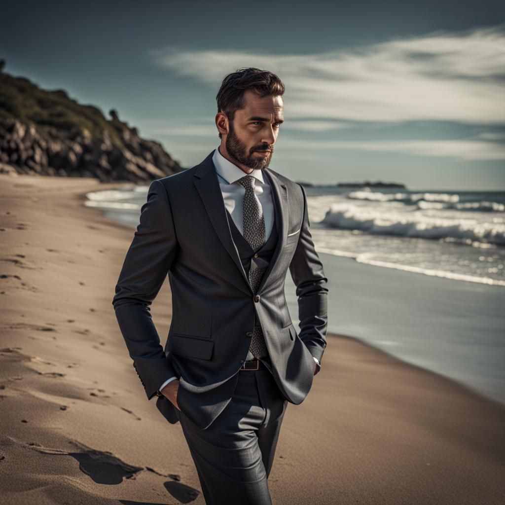 Man in Suit on Beach: Hyperrealistic Image