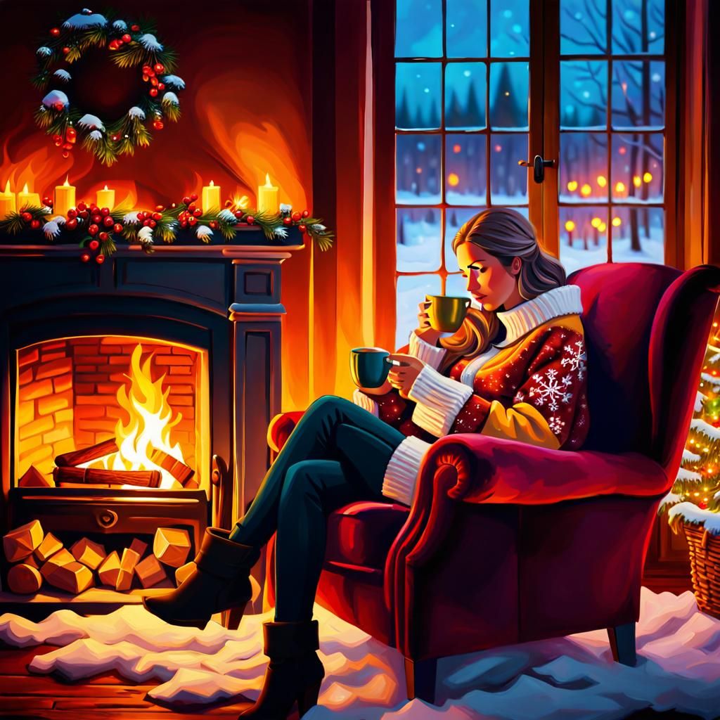 Cozy Winter Scene: Person by Fire in Oil Painting