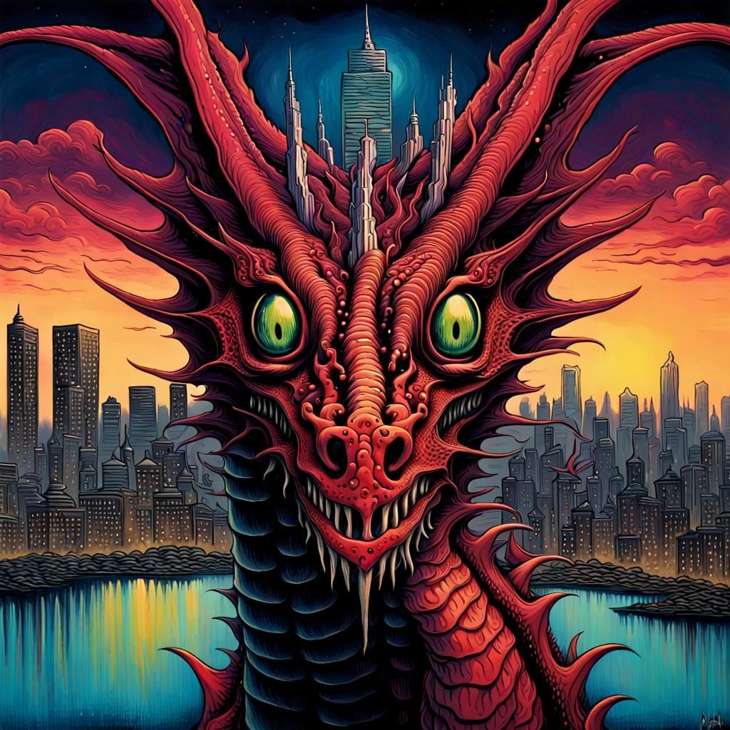 Dragon Head in Cityscape: Surreal Psychedelic Art