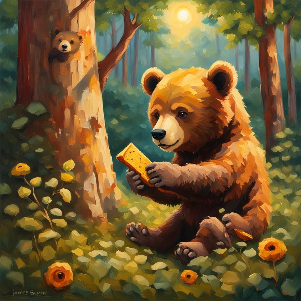 Chibi Bears Enjoying Toast in Impressionist Forest