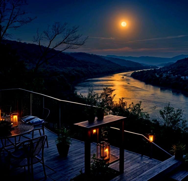 Moonrise Over River Valley From Modern Terrace