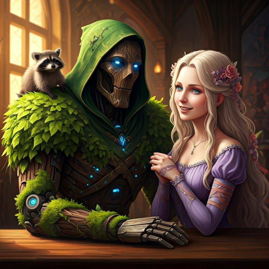 Mechanical Construct and Platinum Blonde Woman in Tavern