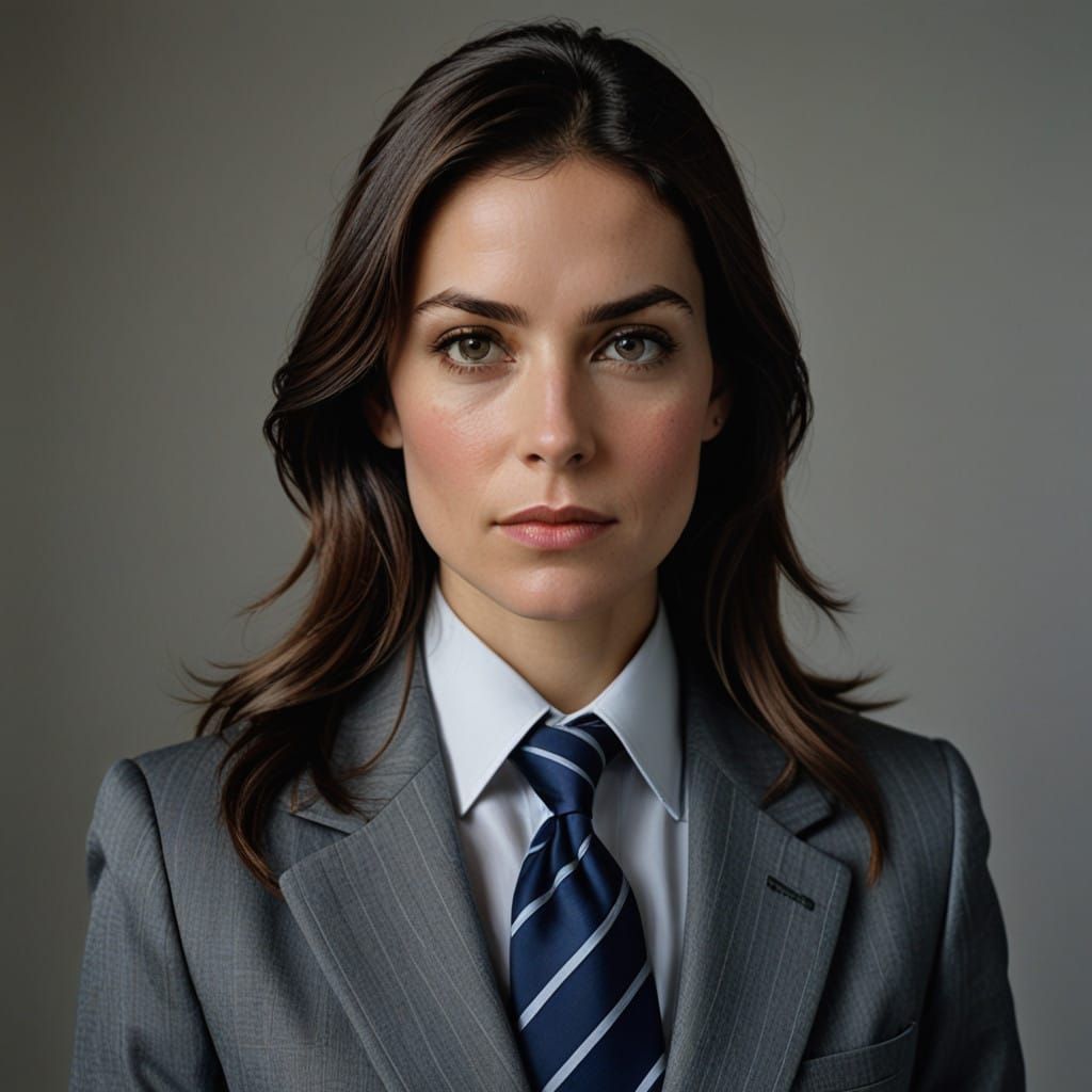 Elegant Businesswoman in Striped Tie, Close-up Portrait in S...