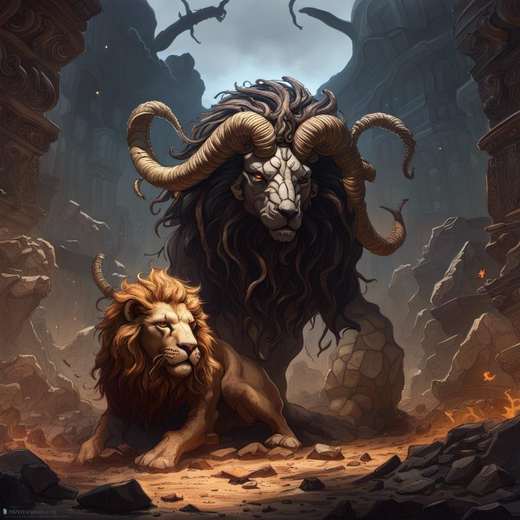 Scorpio Surrounded by Ram and Lion in Dark Fantasy Style