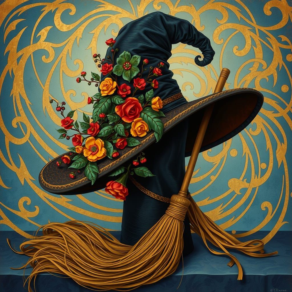Witch's Hat and Broom in Art Nouveau Style