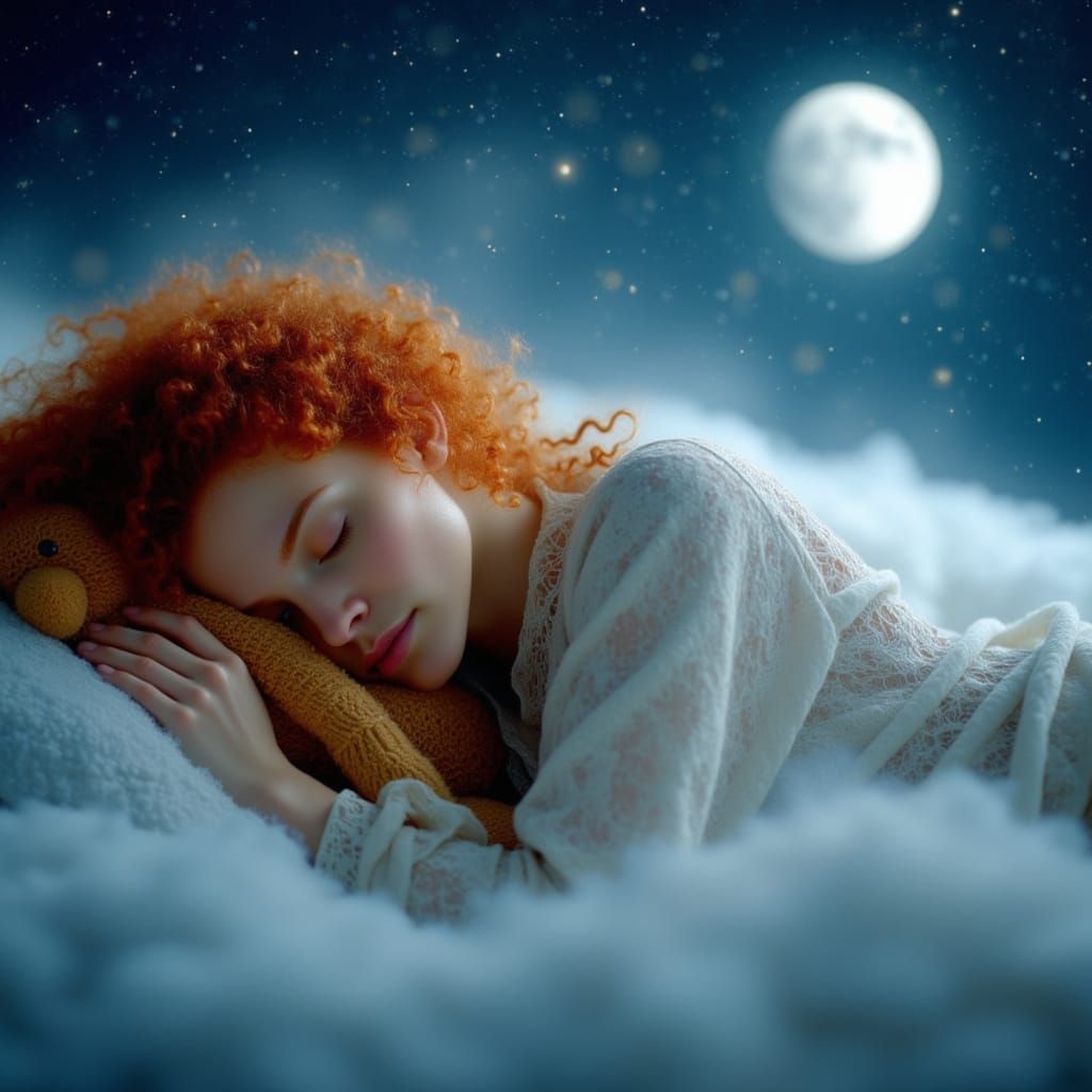 Redhead Woman Sleeping Peacefully on Clouds Under Full Moon