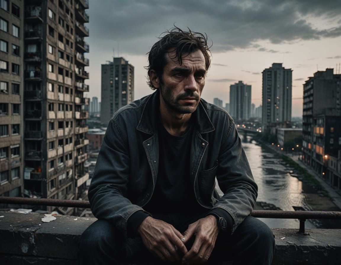 Young Man in Isolation, Abandoned Cityscape at Night