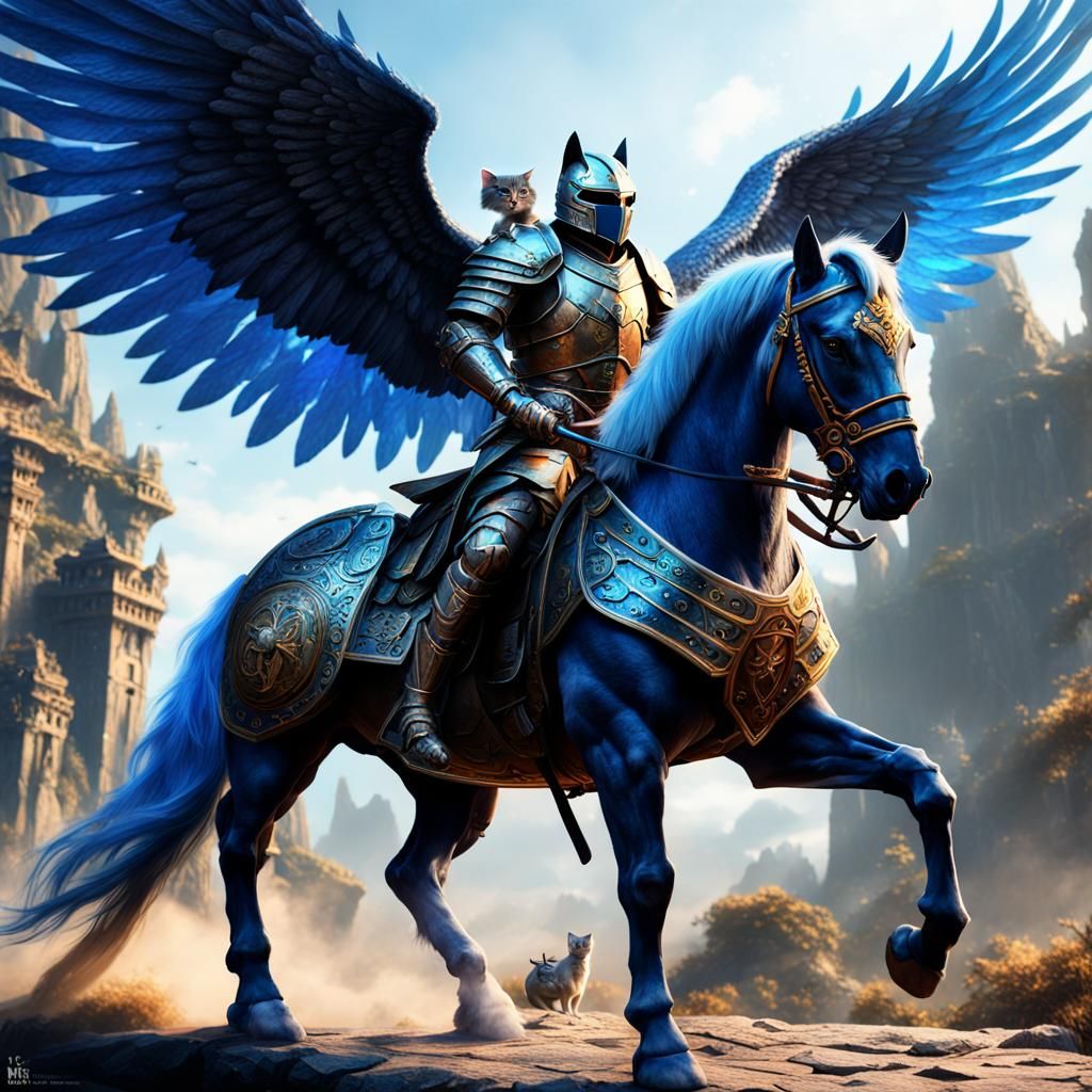 Armored Cat Rider on Winged Horse, Detailed Digital Painting