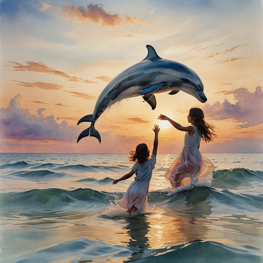 Dreamy Watercolour of Girl and Dolphin Silhouette