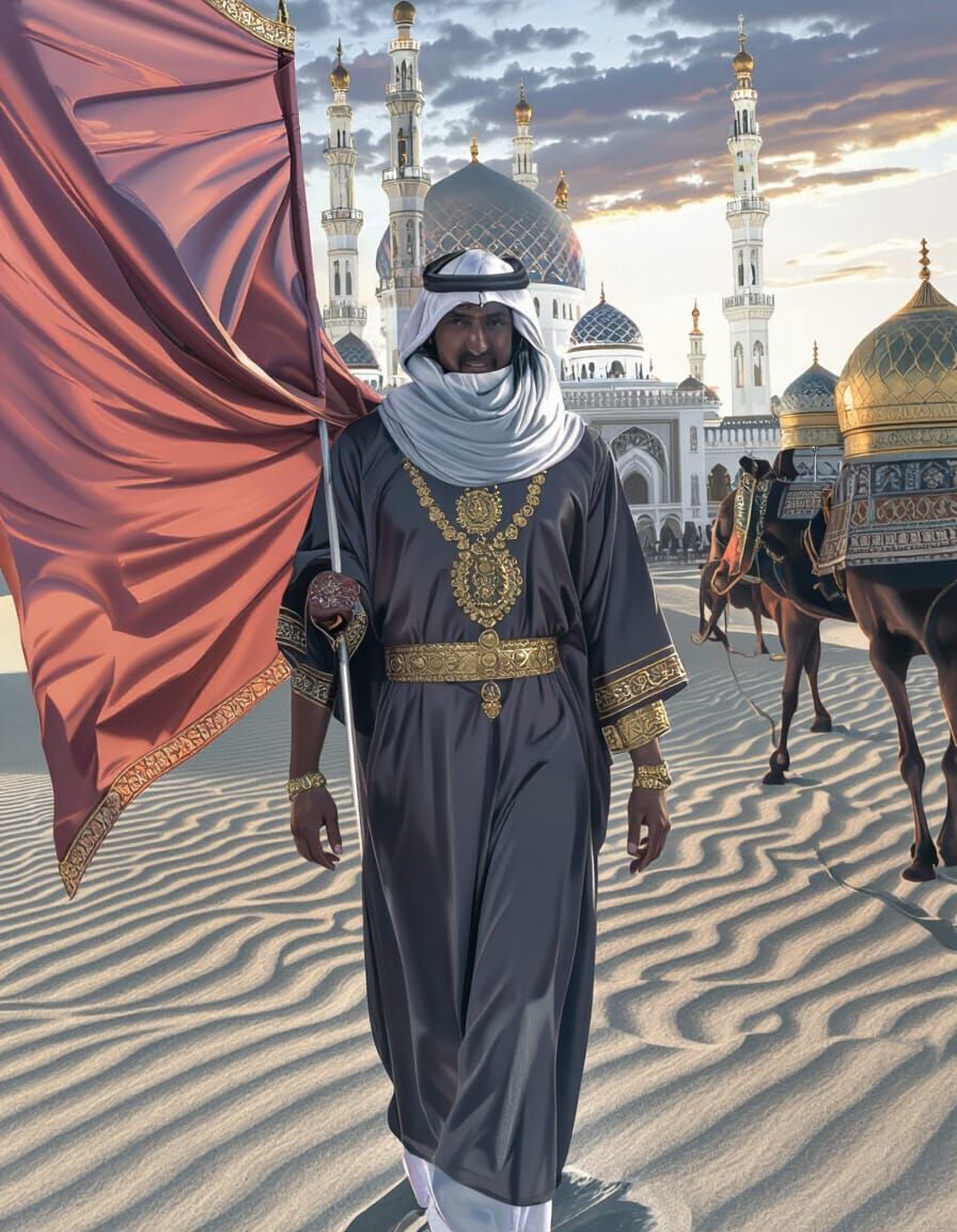Arabian Prince Before Grand Mosque at Sunset