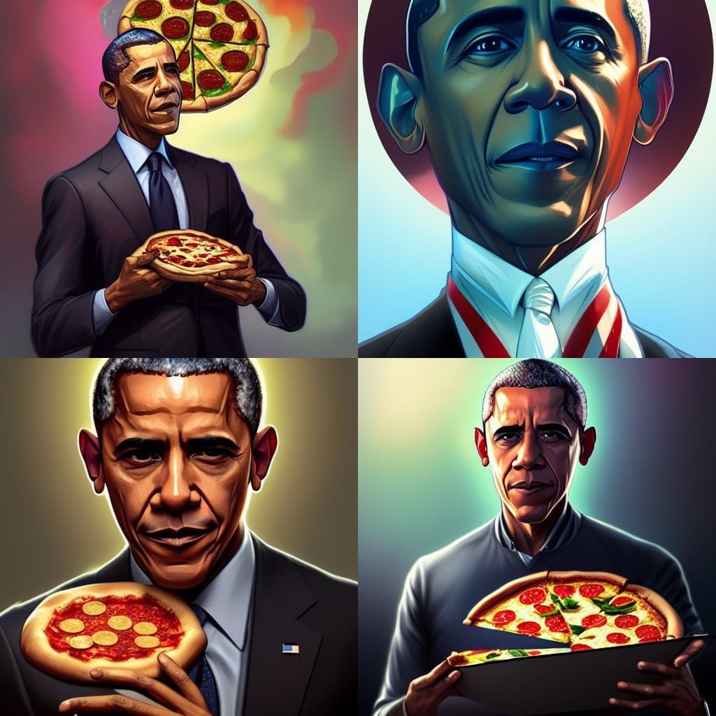 Obama Portrait Holding Pizza, Detailed Artstation Render