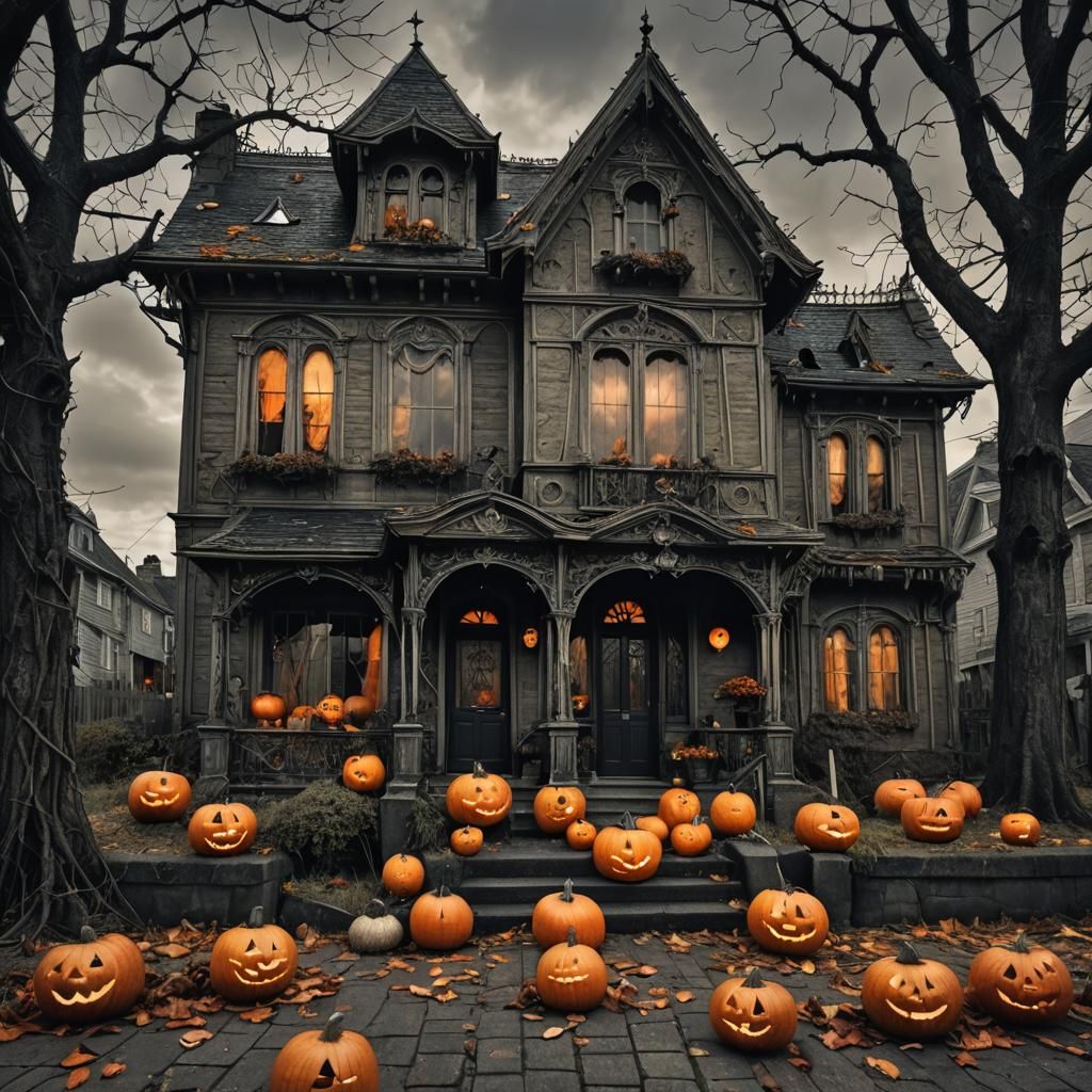 Halloween Pumpkin in Front of Macabre House
